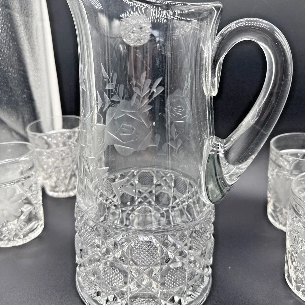 Vintage Etched Rose Cut Glass Pitcher and 6 Matching Floral Tumbler Glasses Set
